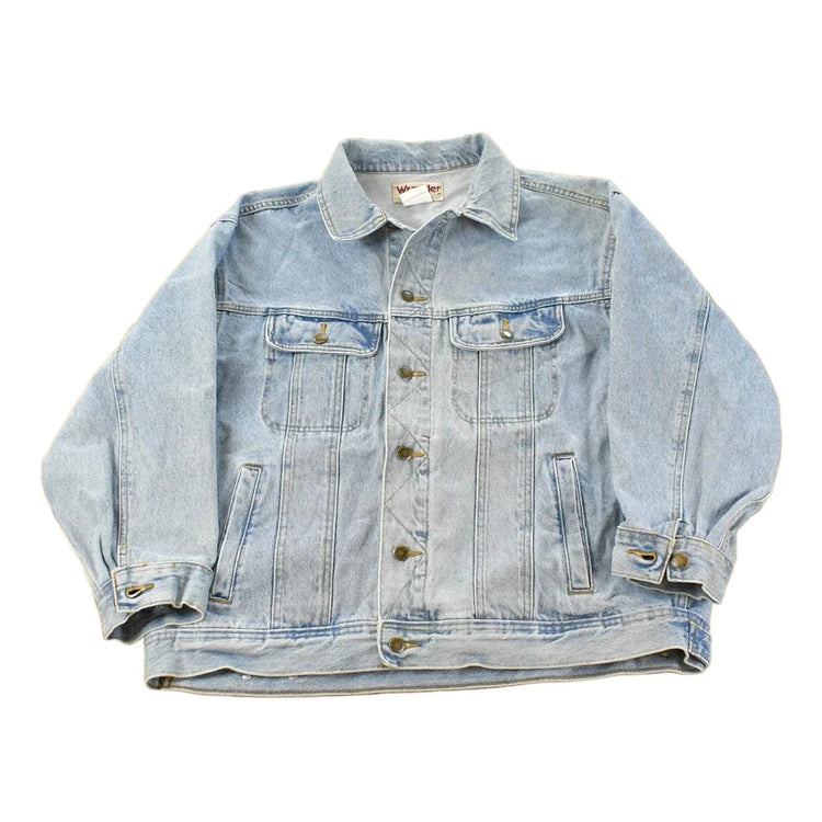 Vintage 1990s Wrangler Workwear Distressed Denim Trucker Jean Jacket Men's XL from propervintagecanada