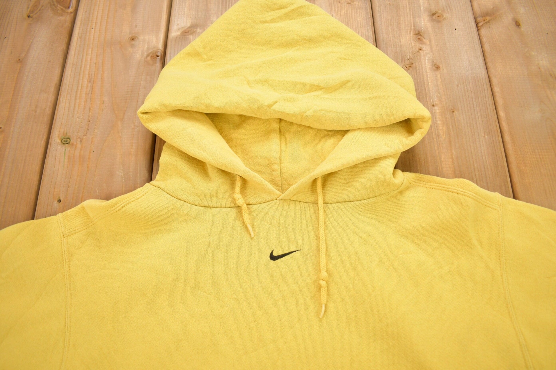 Vintage 1990s Yellow Nike Center Swoosh Hoodie from propervintagecanada