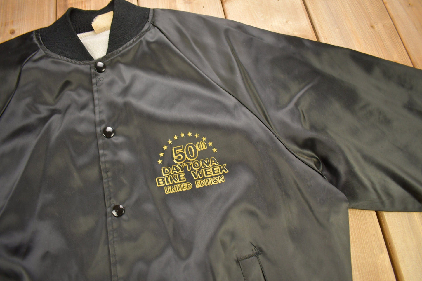 Vintage 1991 50th Daytona Bike Week Satin Bomber Jacket from propervintagecanada