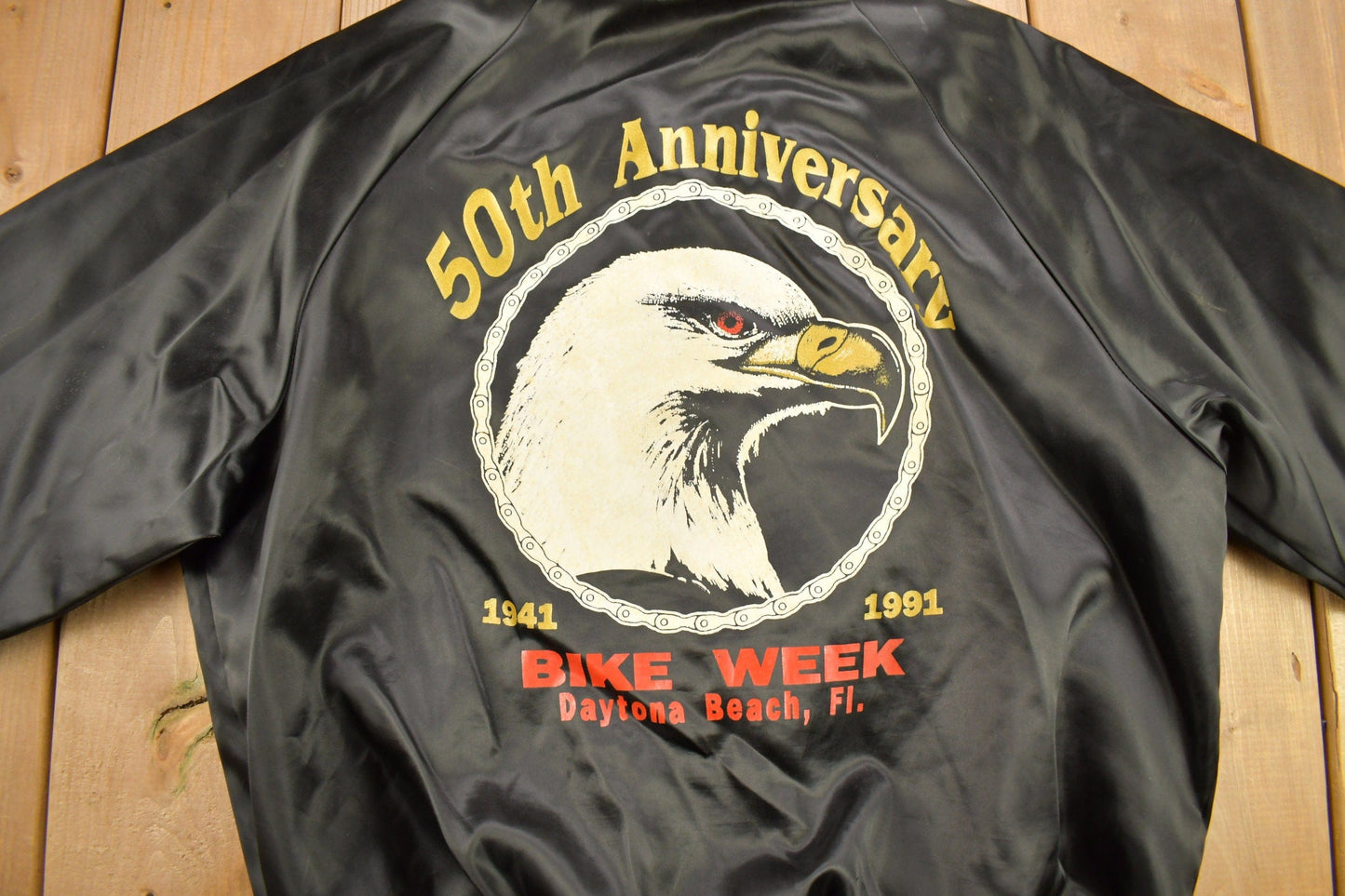 Vintage 1991 50th Daytona Bike Week Satin Bomber Jacket from propervintagecanada