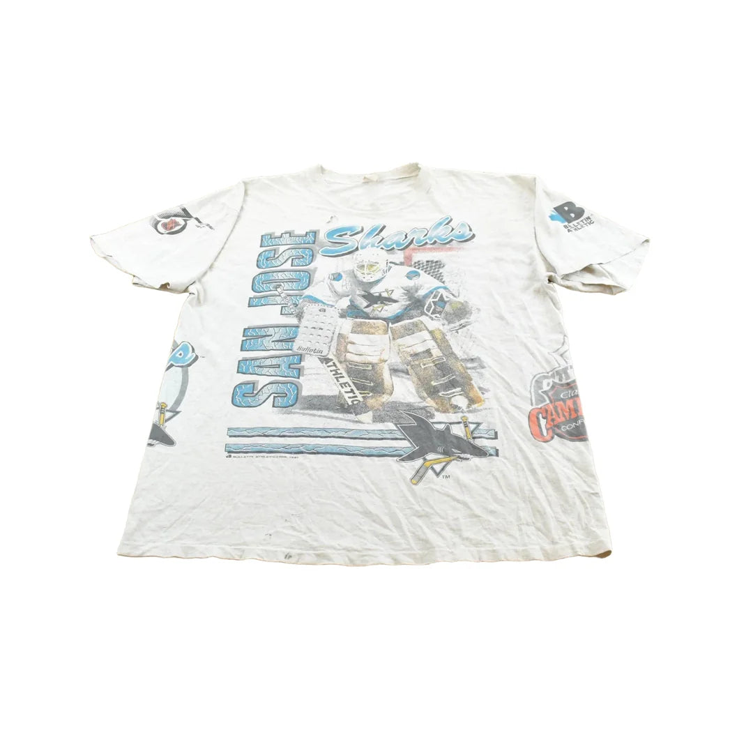 Vintage 1991 Bulletin Athletic San Jose Sharks NHL Graphic T-Shirt Men's XL from propervintagecanada
