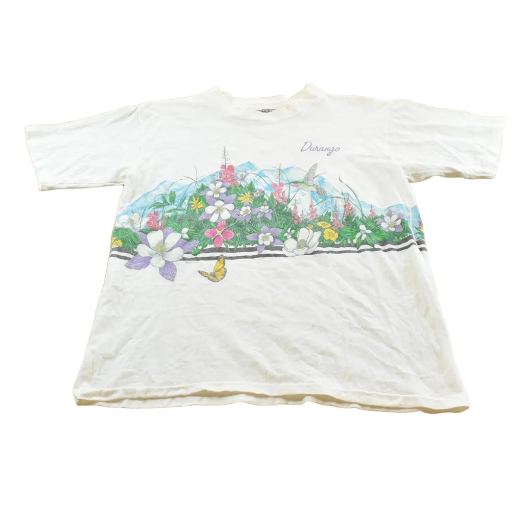 Vintage 1991 Habitat Durango Butterfly Garden Wraparound Graphic T-Shirt Men's M from propervintagecanada