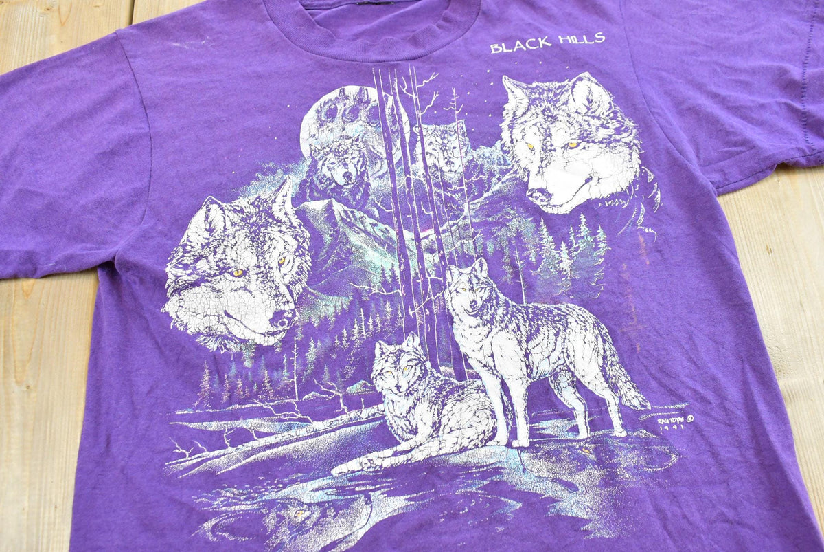 Vintage 1991 Rag Tops Black Hills Wolf Souvenir T-Shirt Men's S from propervintagecanada