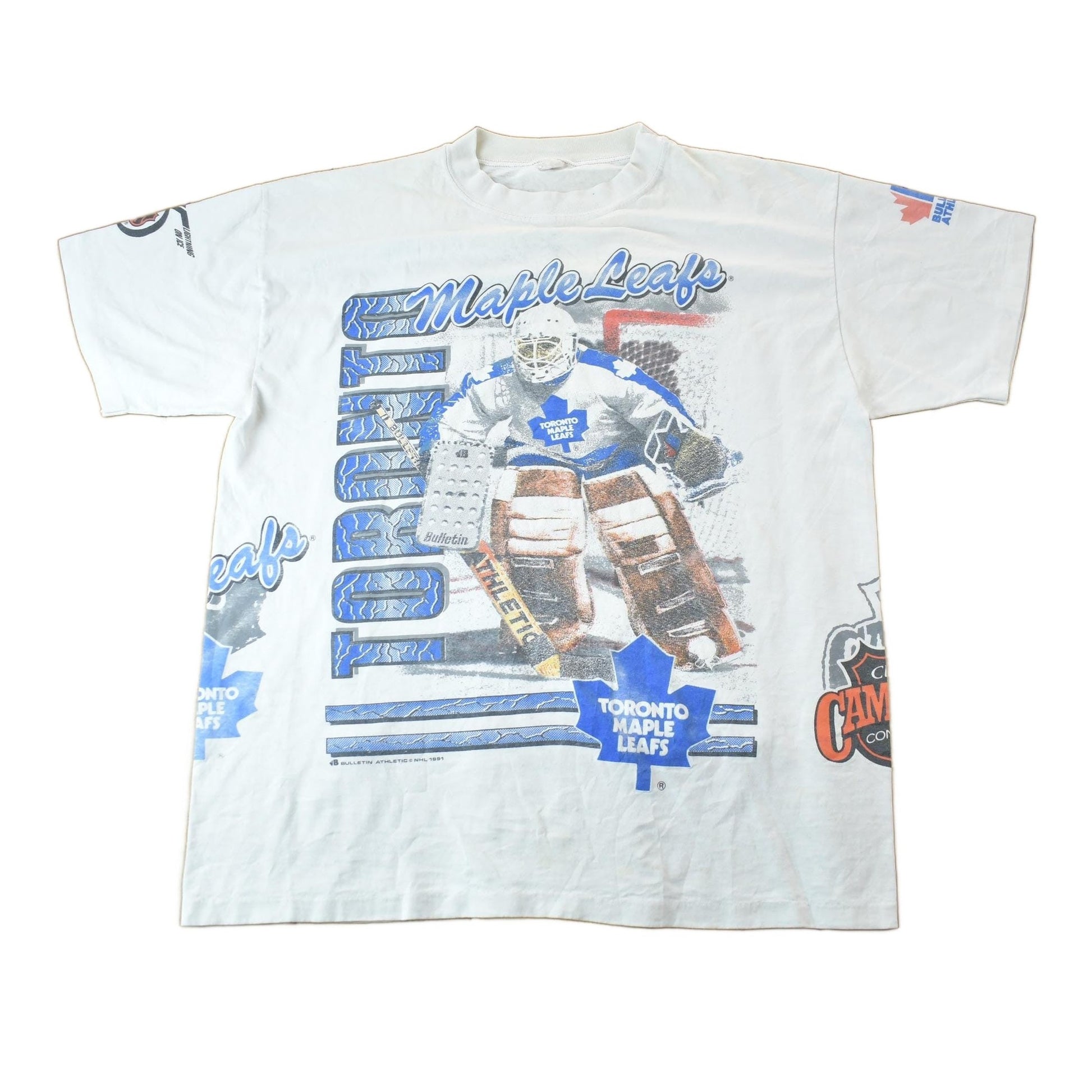 Vintage 1991 Toronto Maple Leafs NHL All Over Print Graphic T-Shirt Men's XL from propervintagecanada