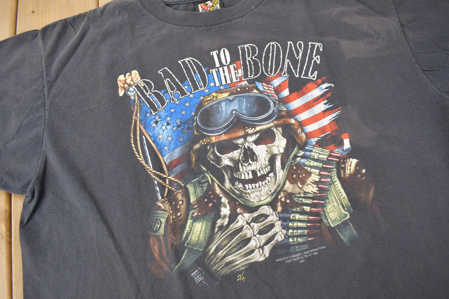 Vintage 1992 Bad To The Bone Single Stitch 3D Emblem T-Shirt Made In USA Size XL from propervintagecanada
