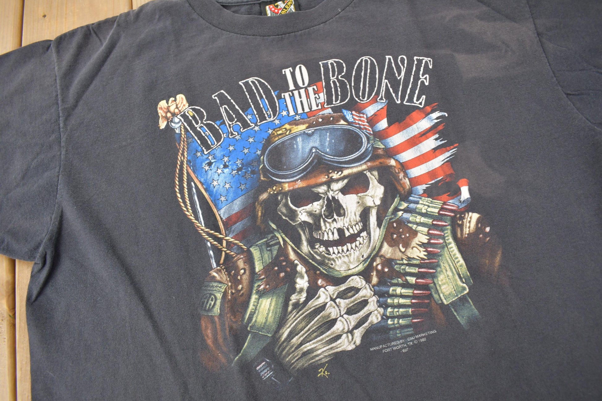 Vintage 1992 Bad To The Bone Single Stitch 3D Emblem T-Shirt Made In USA Size XL from propervintagecanada