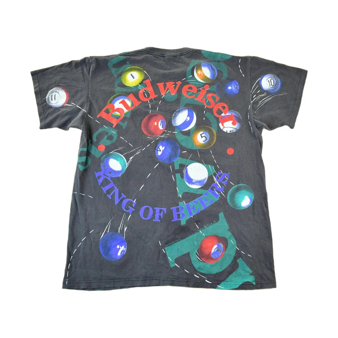Vintage 1992 Budweiser Billiards Pool All Over Print Graphic T-Shirt Men's Large from propervintagecanada