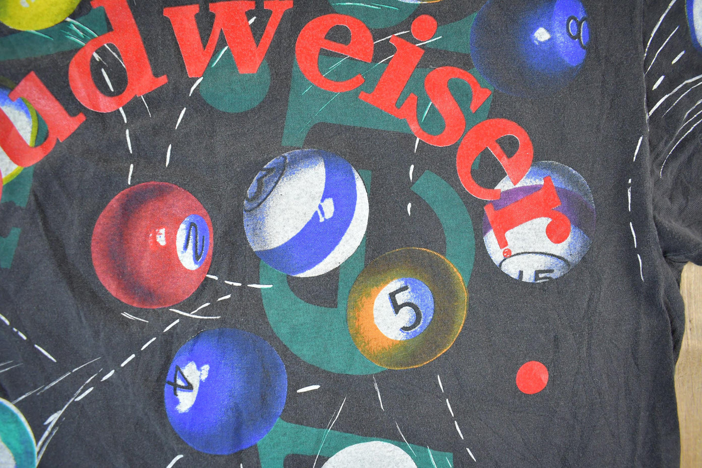 Vintage 1992 Budweiser Billiards Pool All Over Print Graphic T-Shirt Men's Large from propervintagecanada