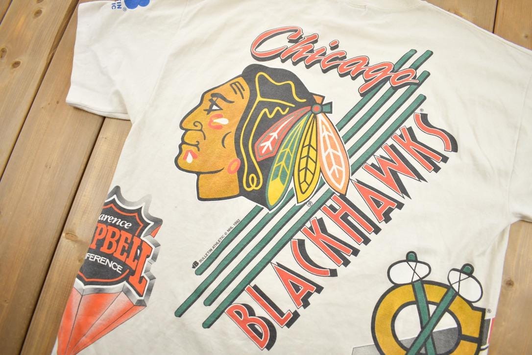 Vintage 1992 Chicago Blackhawks NHL All Over Print Graphic T-Shirt Men's Large from propervintagecanada