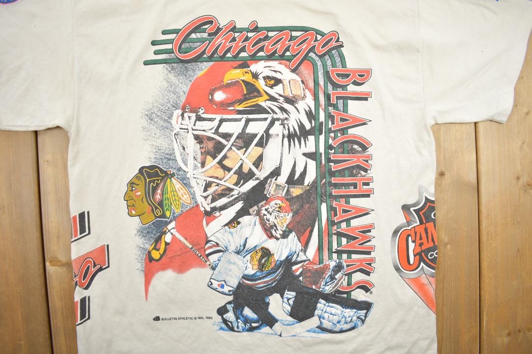 Vintage 1992 Chicago Blackhawks NHL All Over Print Graphic T-Shirt Men's Large from propervintagecanada