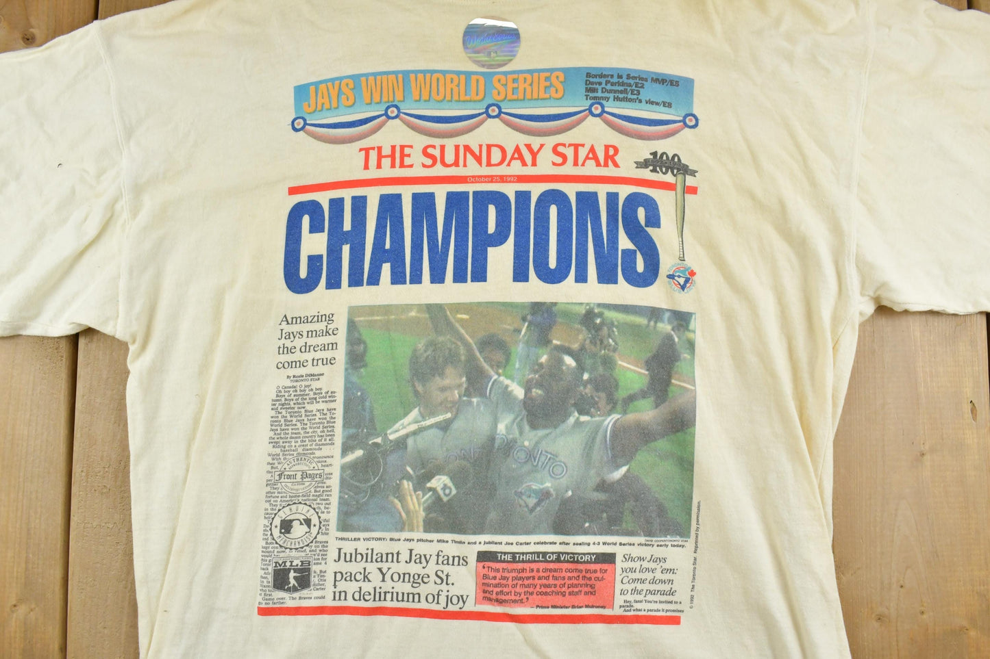 Vintage 1992 Deadstock Toronto Blue Jays World Series Sunday Star MLB Souvenir T-Shirt Men's XL from propervintagecanada