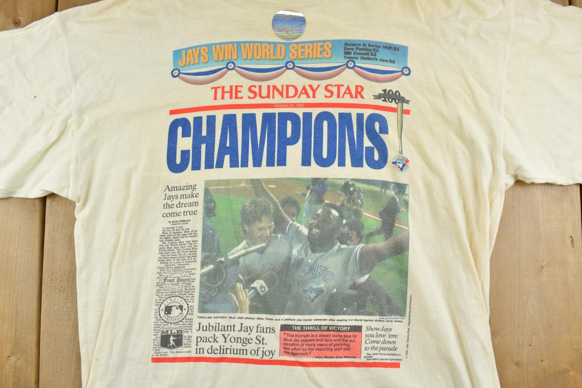 Vintage 1992 Deadstock Toronto Blue Jays World Series Sunday Star MLB Souvenir T-Shirt Men's XL from propervintagecanada