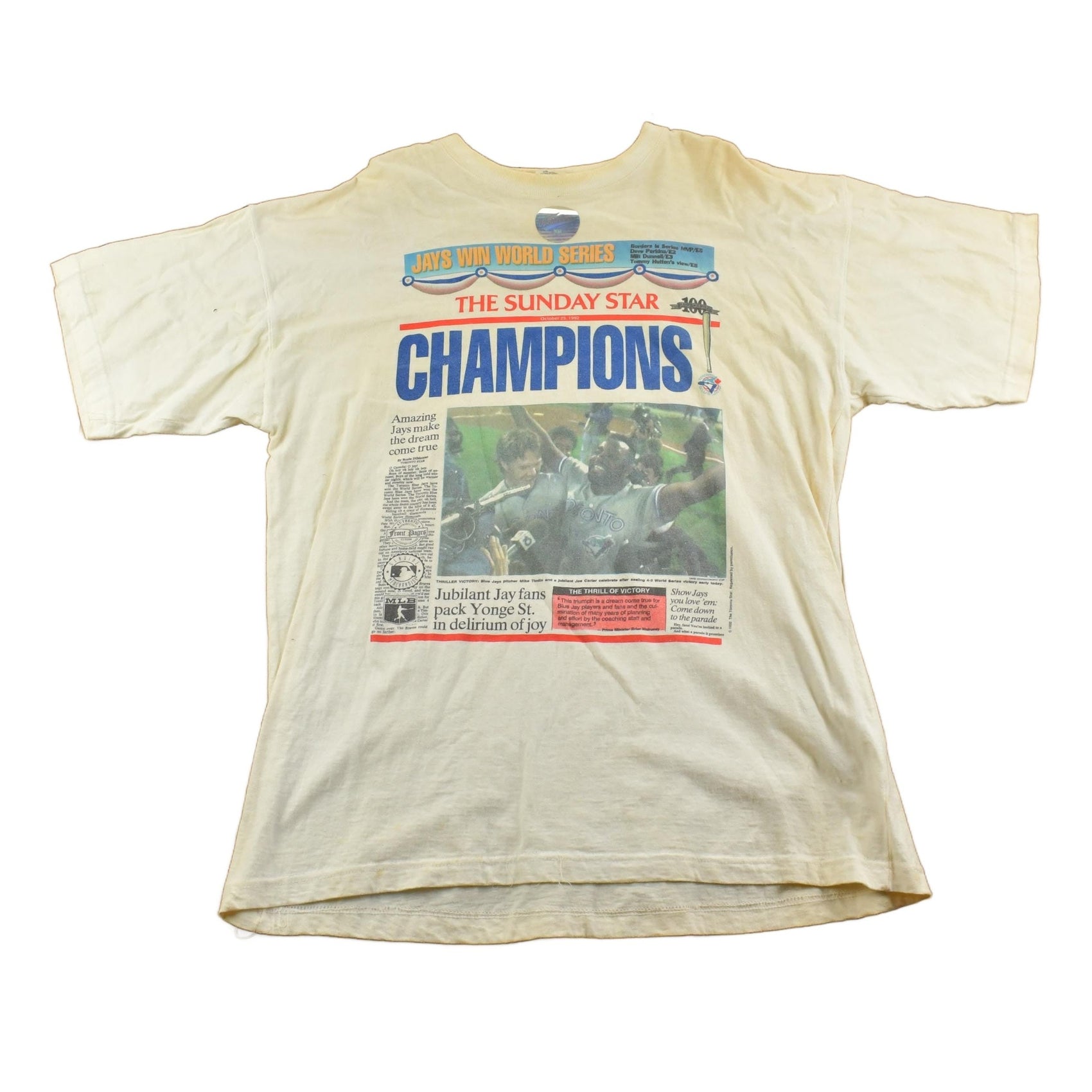 Vintage 1992 Deadstock Toronto Blue Jays World Series Sunday Star MLB Souvenir T-Shirt Men's XL from propervintagecanada