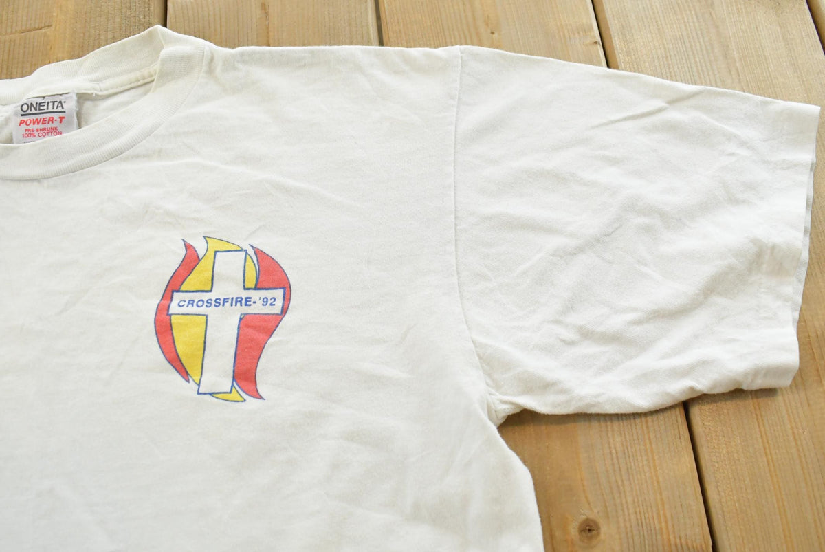 Vintage 1992 Religious Cross Fire Volleyball Christianity Jesus T-Shirt Mens L from propervintagecanada