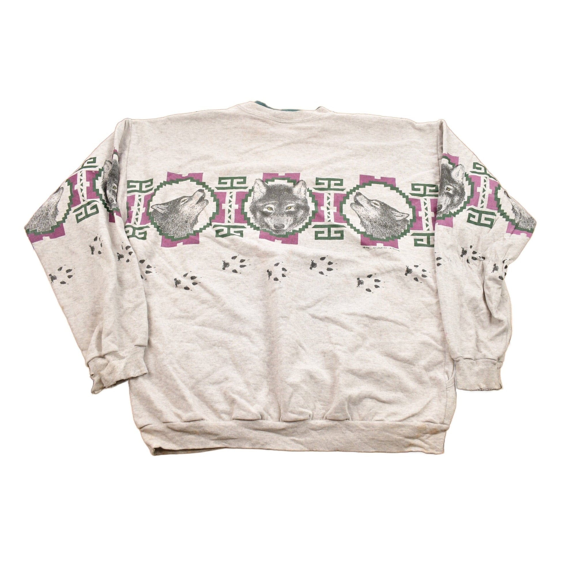 Vintage 1993 Aztec Wolf Theme Crewneck Men's Large from propervintagecanada