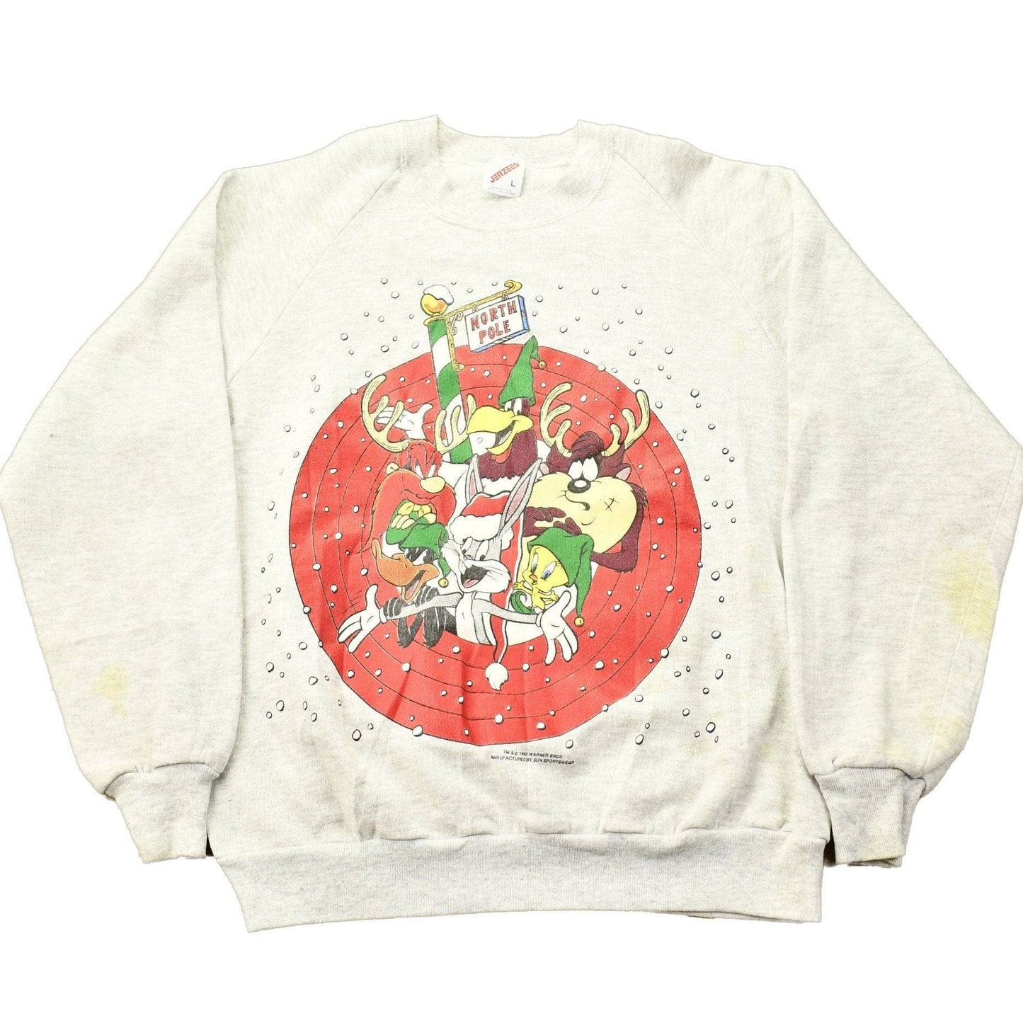 Vintage 1993 Looney Tunes North Pole Christmas Theme Raglan Crewneck Men's Medium from propervintagecanada