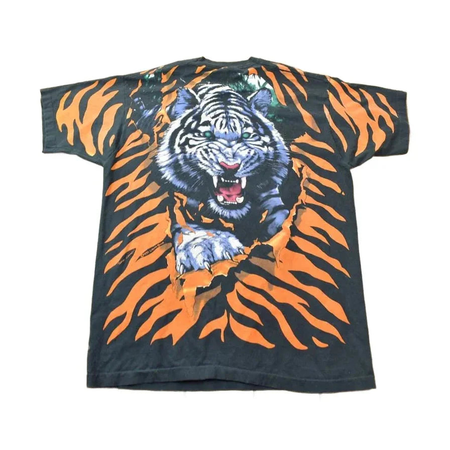 Vintage 1995 Tiger Theme All Over Print Liquid Blue Double Sided Graphic T-Shirt from propervintagecanada