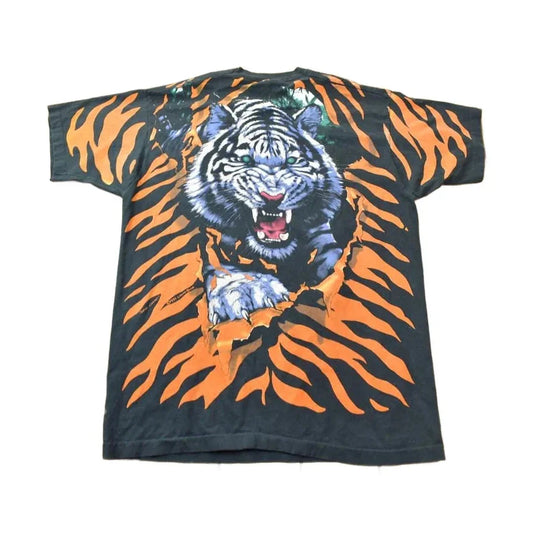 Vintage 1995 Tiger Theme All Over Print Liquid Blue Double Sided Graphic T-Shirt from propervintagecanada