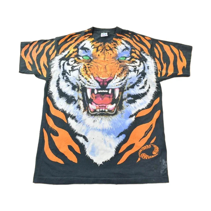 Vintage 1995 Tiger Theme All Over Print Liquid Blue Double Sided Graphic T-Shirt from propervintagecanada