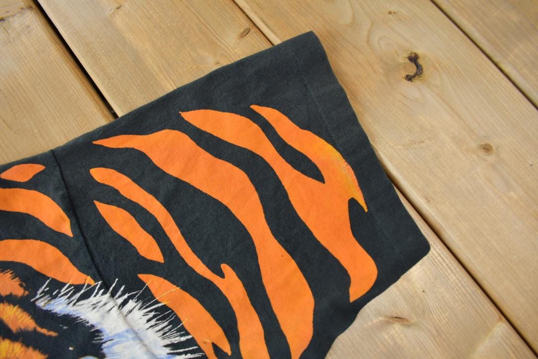 Vintage 1995 Tiger Theme All Over Print Liquid Blue Double Sided Graphic T-Shirt from propervintagecanada