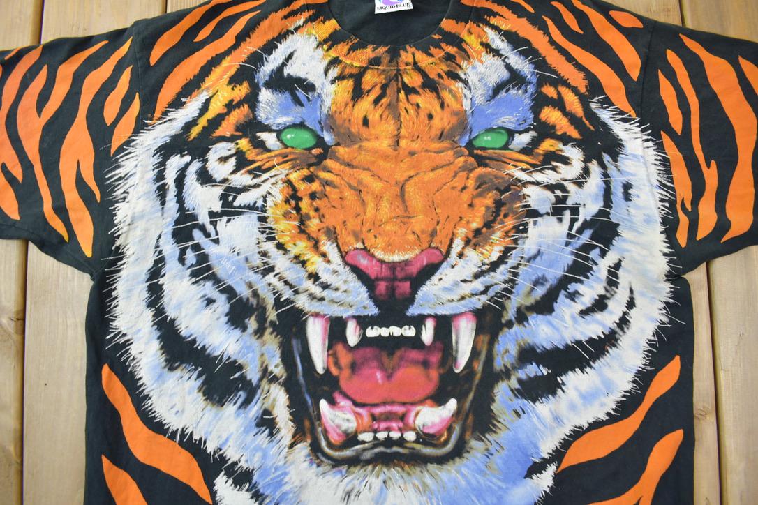 Vintage 1995 Tiger Theme All Over Print Liquid Blue Double Sided Graphic T-Shirt from propervintagecanada