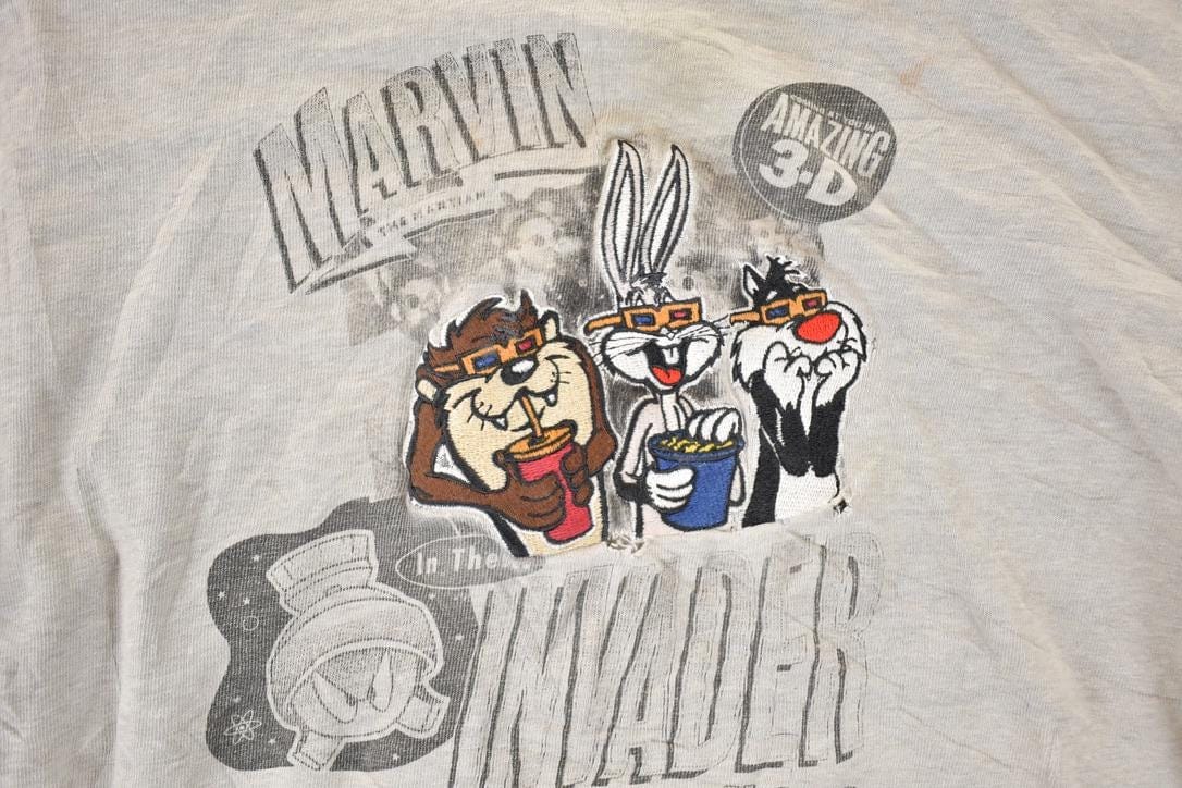 Vintage 1995 Warner Bros Marvin The Invader Embroidered 3D Movie Taz Bugs Crewneck Sweatshirt Men's L from propervintagecanada