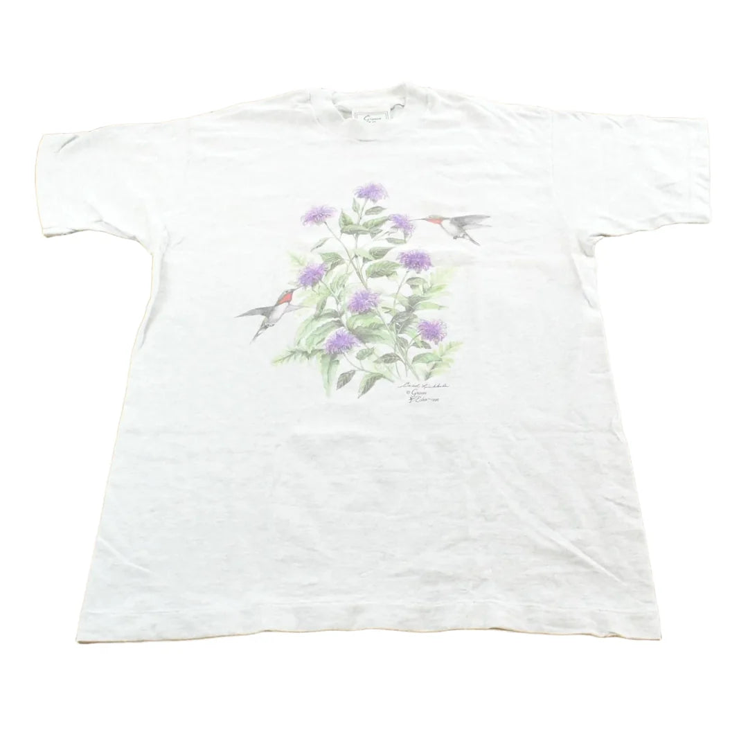 Vintage 1996 Fruit of the Loom Flowers Floral Hummingbird T-Shirt Mens S from propervintagecanada