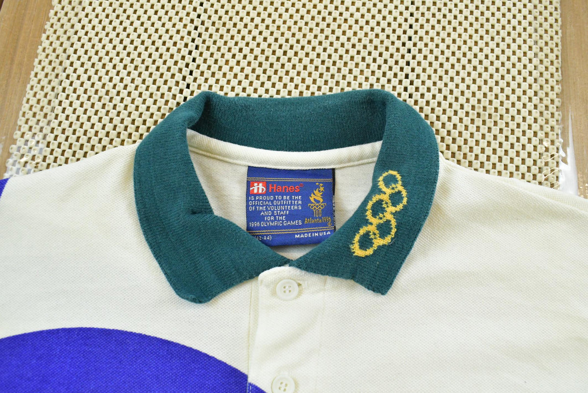 Vintage 1996 Hanes Atlanta Olympics AOP American Flag Button Up Polo Collared Shirt Mens L from propervintagecanada