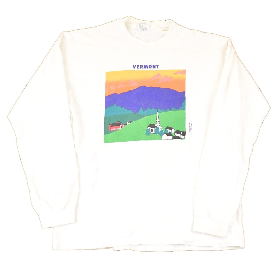 Vintage 1997 Vermont Farm Church Theme Cartoon Graphic Print Crewneck Shirt Men's M from propervintagecanada