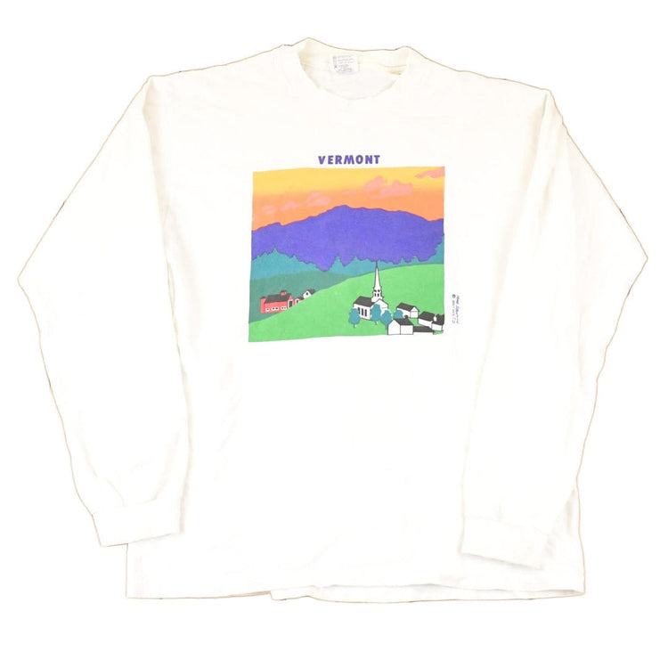 Vintage 1997 Vermont Farm Church Theme Cartoon Graphic Print Crewneck Shirt Men's M from propervintagecanada