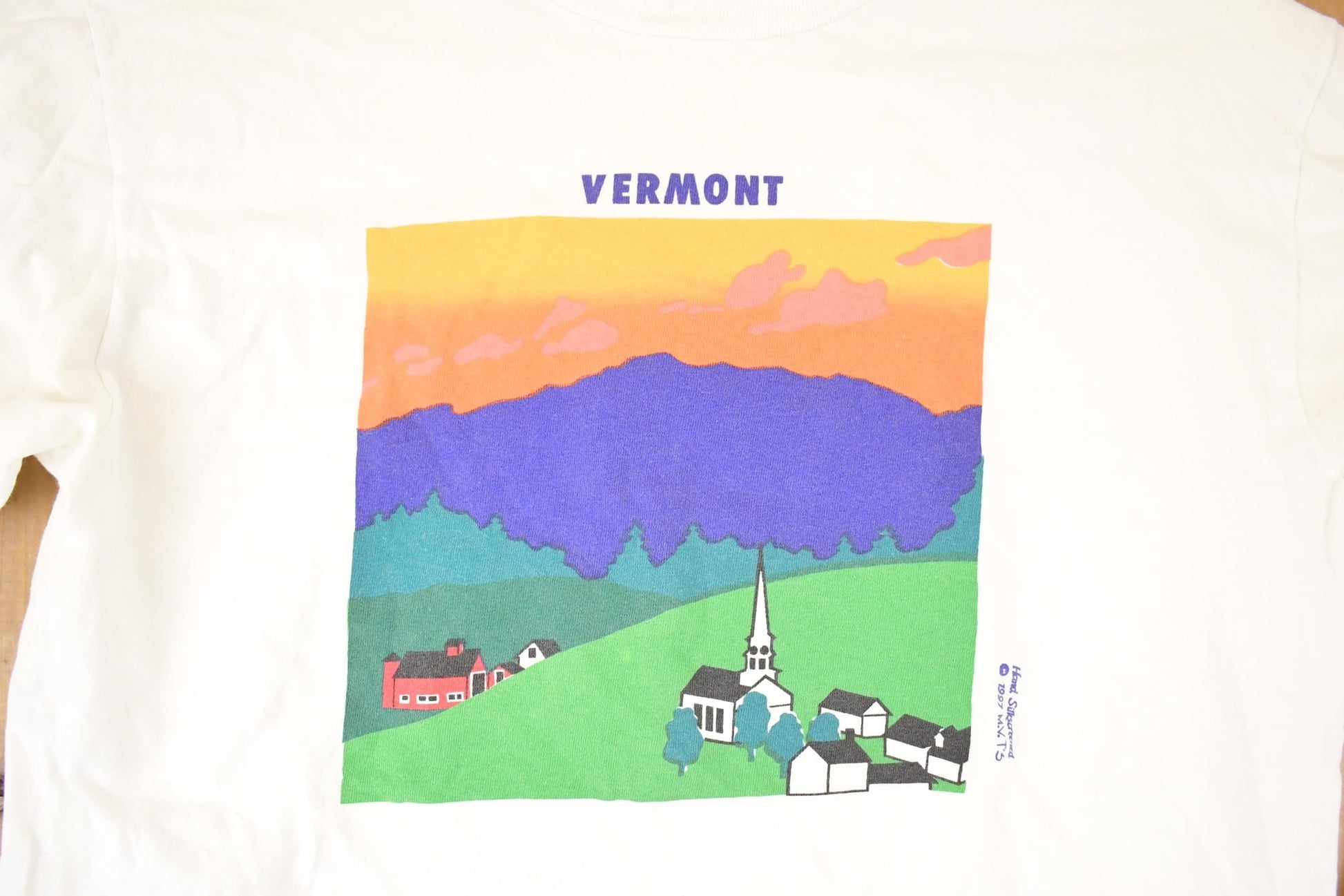 Vintage 1997 Vermont Farm Church Theme Cartoon Graphic Print Crewneck Shirt Men's M from propervintagecanada