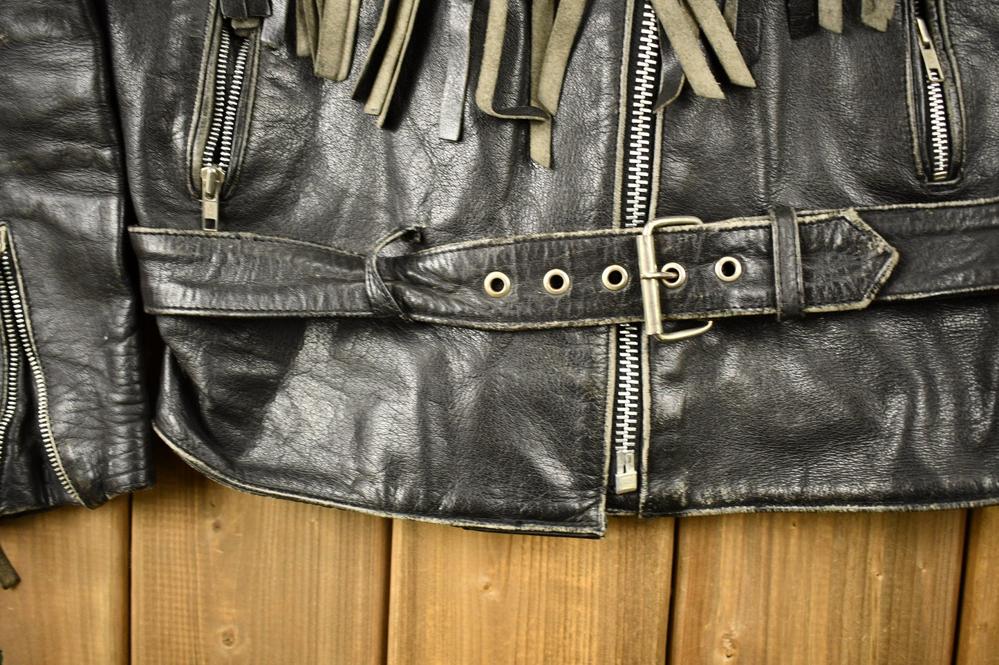 Vintage 1998s Fringed Leather Motorcycle Jacket Men's Large from propervintagecanada