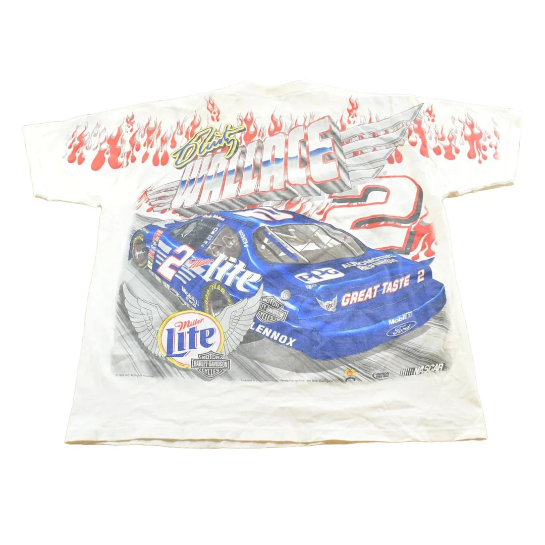 Vintage 1999 Rusty Wallace Harley Davidson All Over Print Flames NASCAR Racing T-Shirt Mens L from propervintagecanada