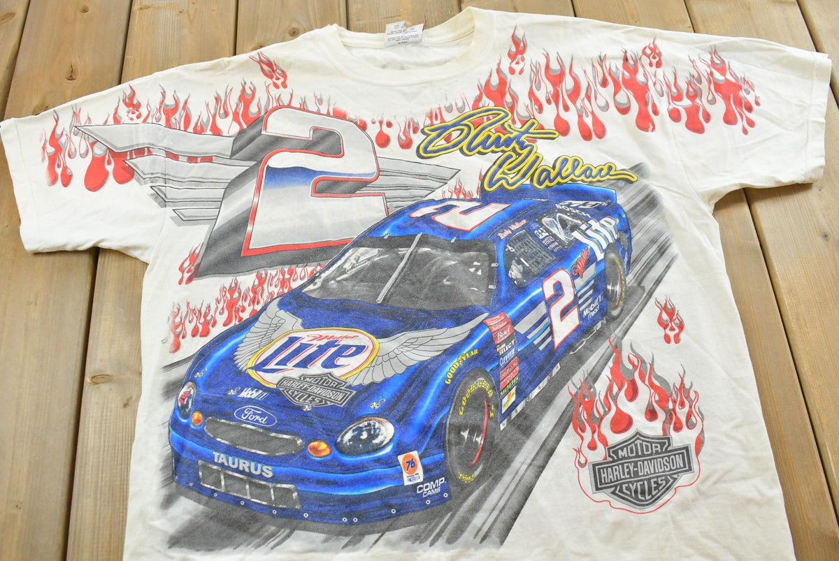Vintage 1999 Rusty Wallace Harley Davidson All Over Print Flames NASCAR Racing T-Shirt Mens L from propervintagecanada