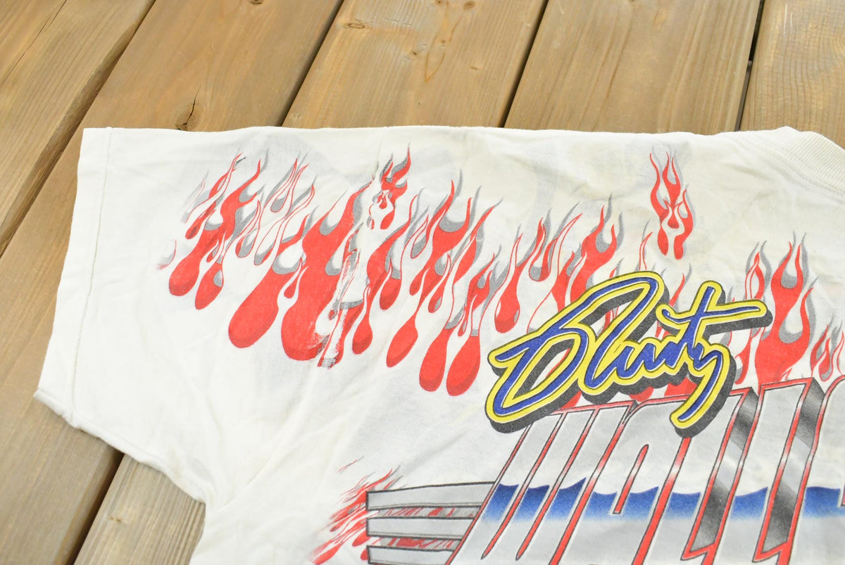 Vintage 1999 Rusty Wallace Harley Davidson All Over Print Flames NASCAR Racing T-Shirt Mens L from propervintagecanada