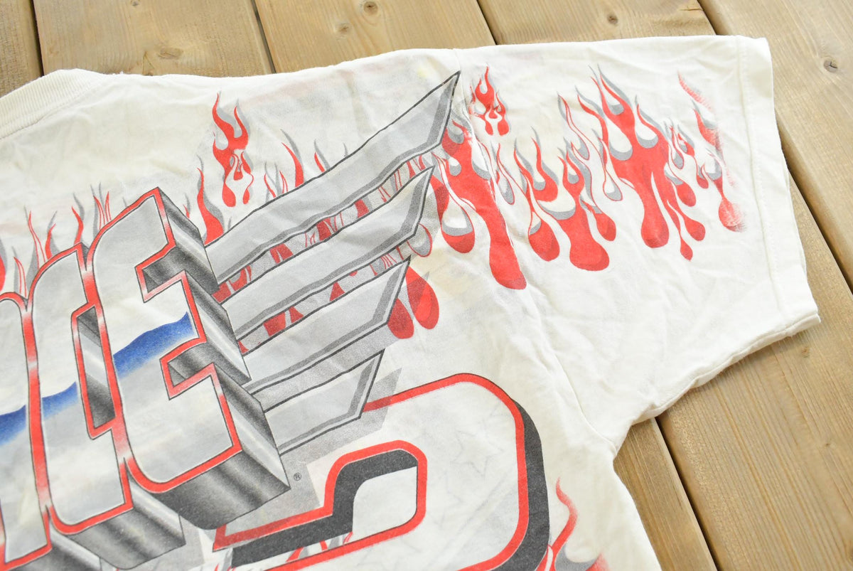 Vintage 1999 Rusty Wallace Harley Davidson All Over Print Flames NASCAR Racing T-Shirt Mens L from propervintagecanada