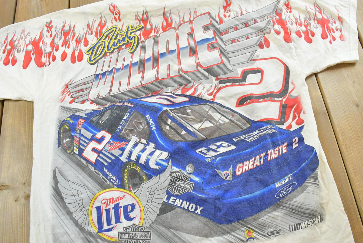 Vintage 1999 Rusty Wallace Harley Davidson All Over Print Flames NASCAR Racing T-Shirt Mens L from propervintagecanada