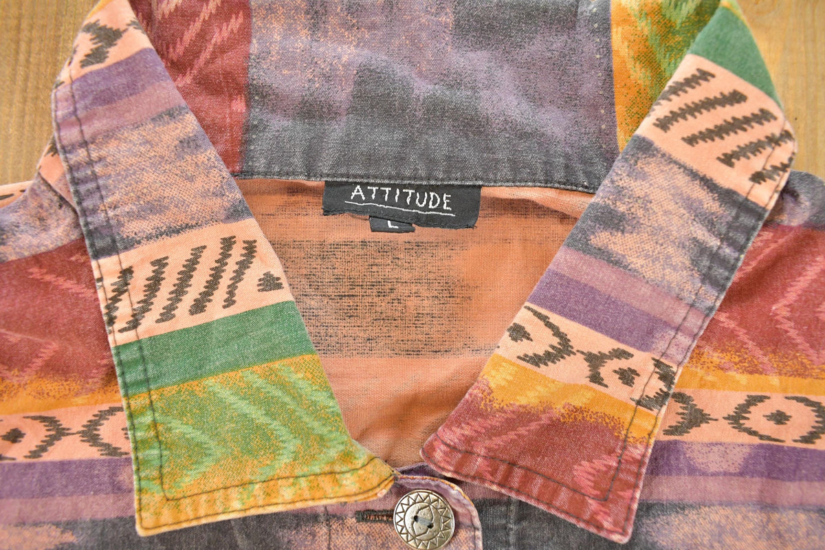 Vintage 2000s Attitude Aztec All Over Print Button Up Shirt Women's M / Y2K Streetwear / Geometric Pattern / Western / Navajo from propervintagecanada