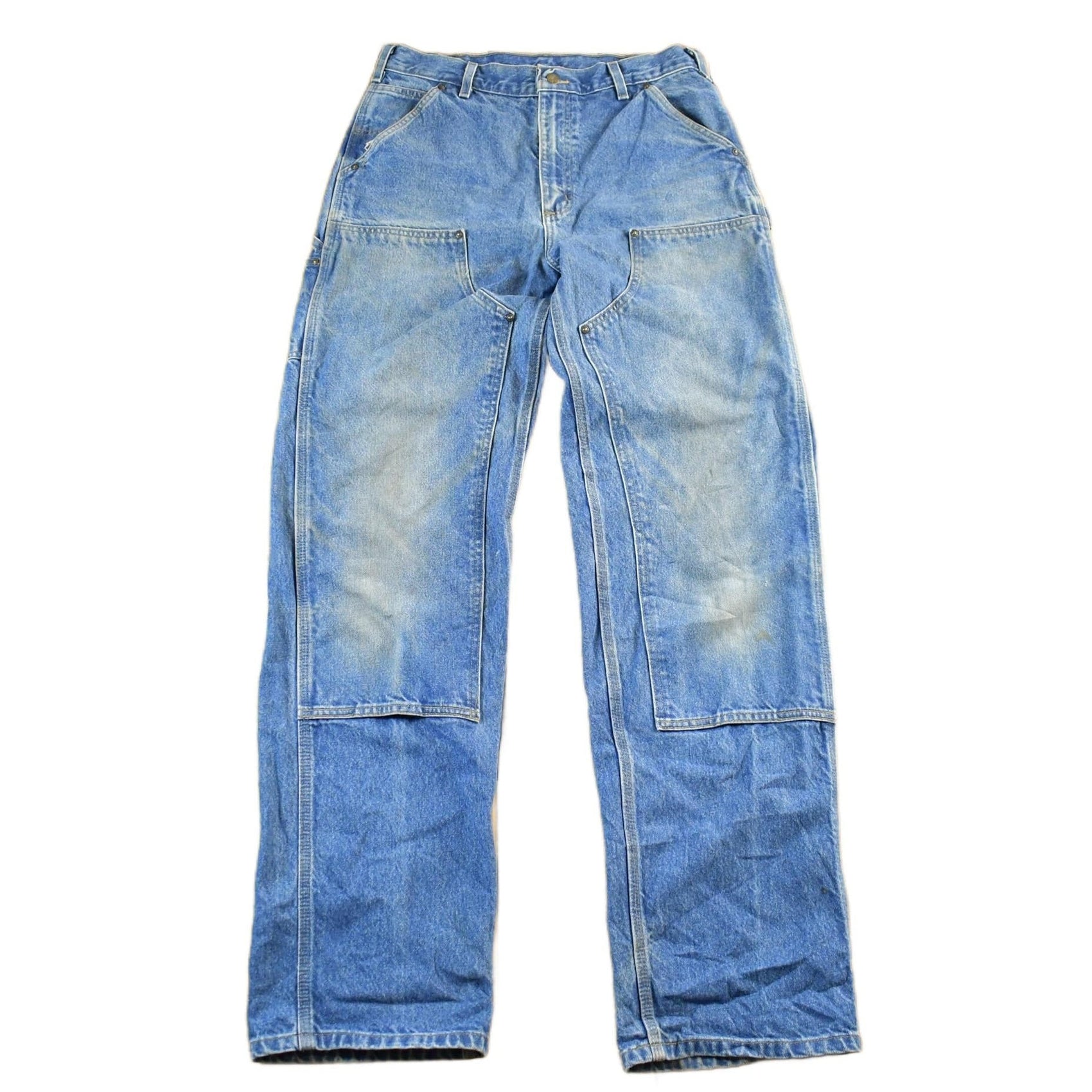 Vintage 2000s Carhartt Distressed Double Knee Denim Work Jeans Men's Medium 33 x 36 from propervintagecanada