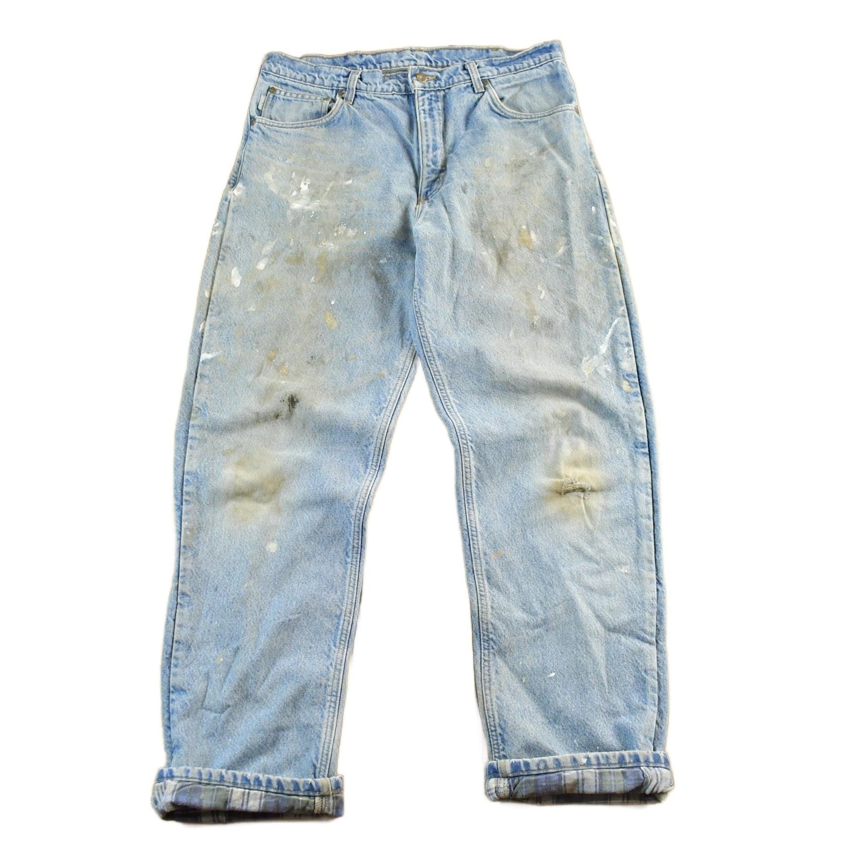Vintage 2000s Carhartt Distressed Flannel Lined Denim Work Jeans Men's 34 x 33 from propervintagecanada