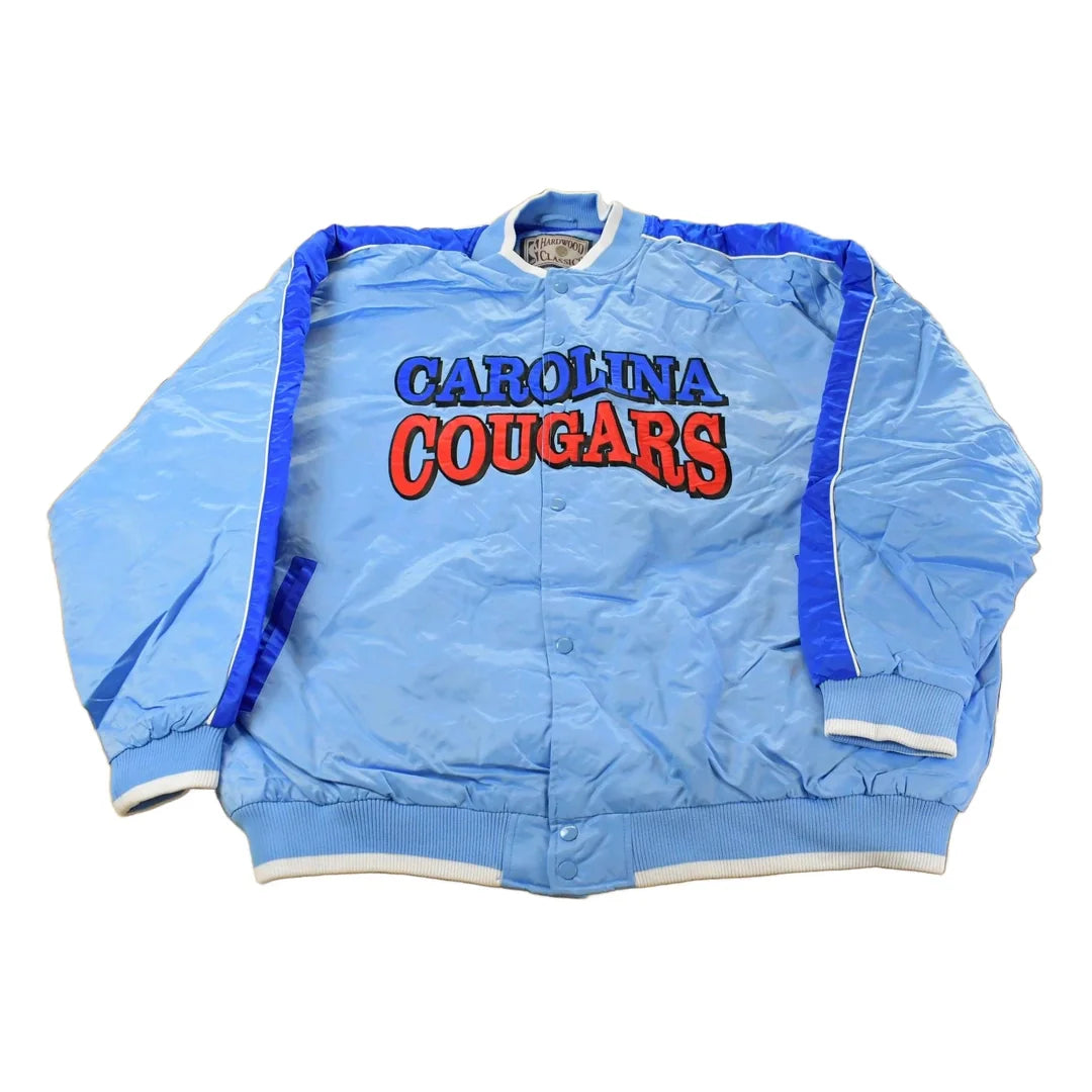 Vintage 2000s Carolina Cougars Hardwood Classics NBA Basketball Embroidered Snap Button Satin Bomber Jacket Mens 3XL from propervintagecanada