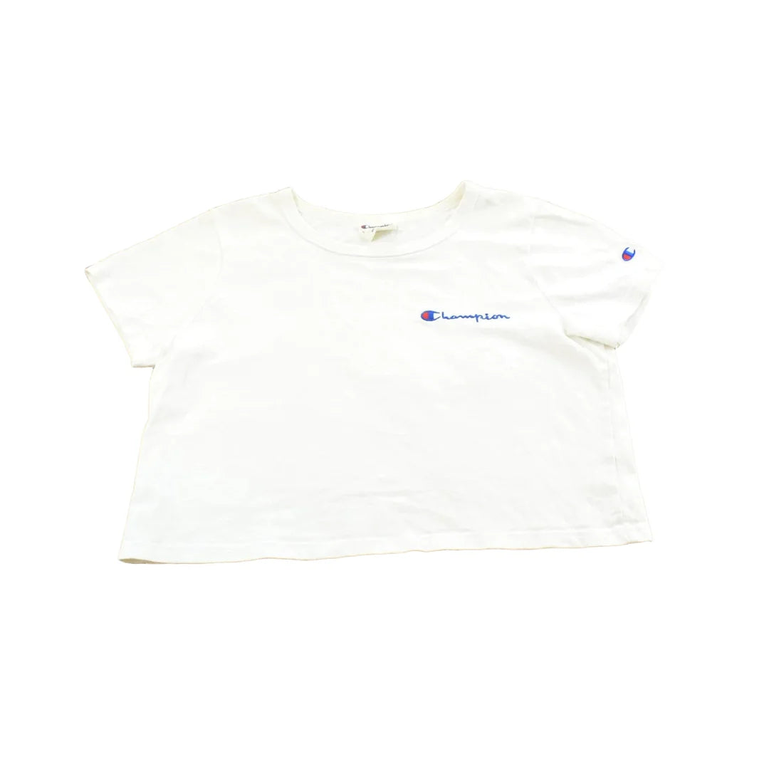 Vintage 2000s Champion Spellout T-Shirt Women's Cropped L from propervintagecanada