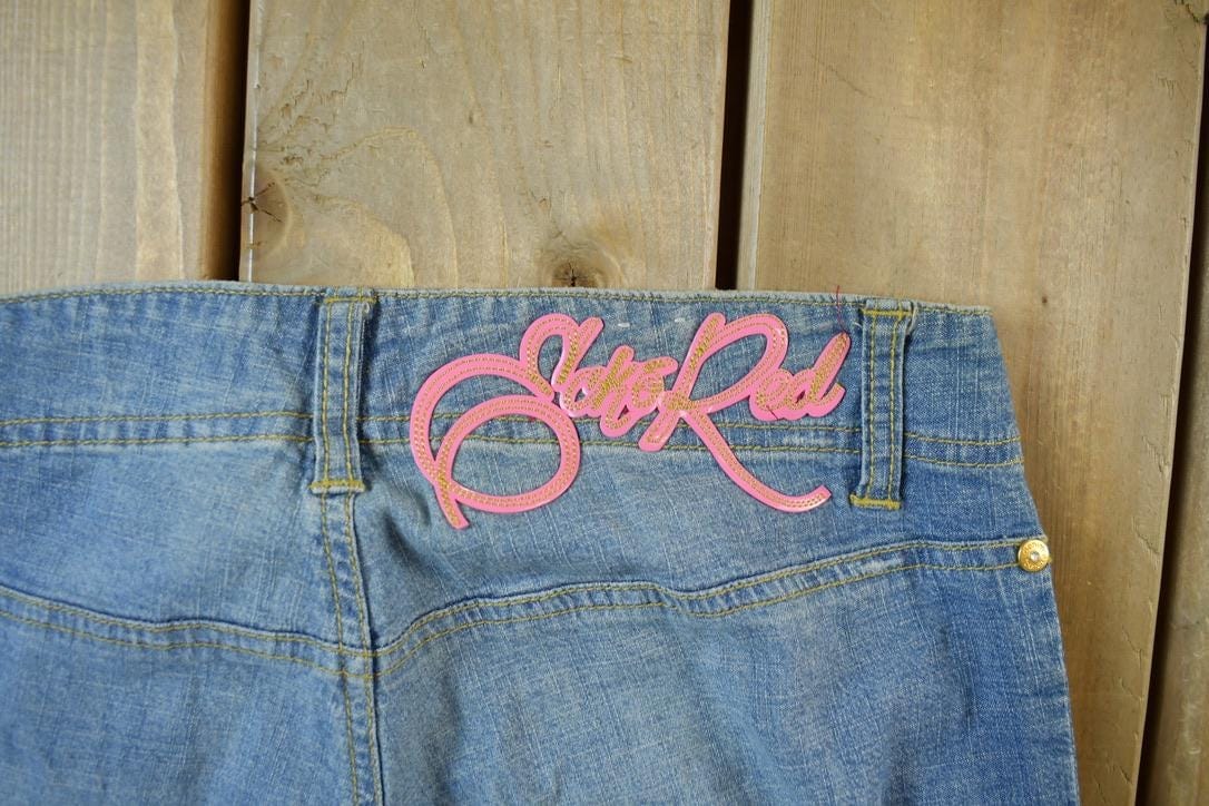 Vintage 2000s Echo Red Pink Embroidered Low Waisted Women's Denim Jeans Women's 28 x 32 from propervintagecanada