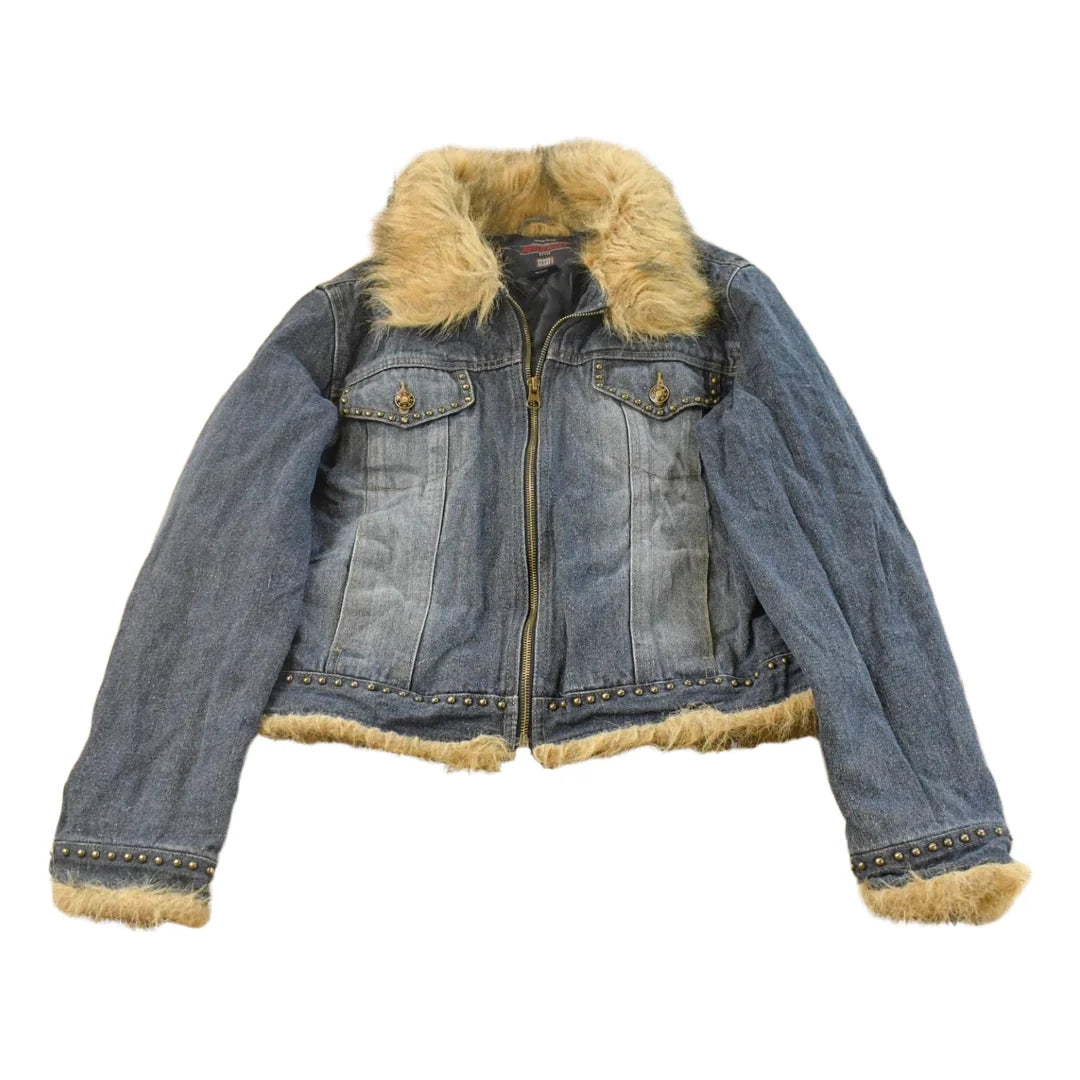 Vintage 2000s Faded Glory Faux Fur Denim Trucker Jacket Youth L from propervintagecanada