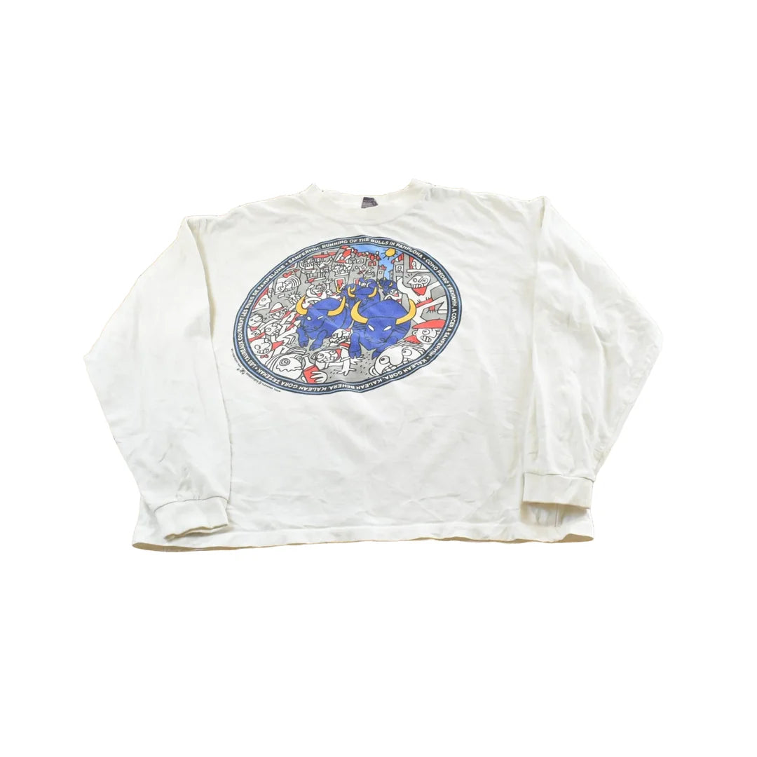 Vintage 2000s Kukuxumusu Running of the Bulls Pamplona Spain Long Sleeve Souvenir T-Shirt Men's M from propervintagecanada