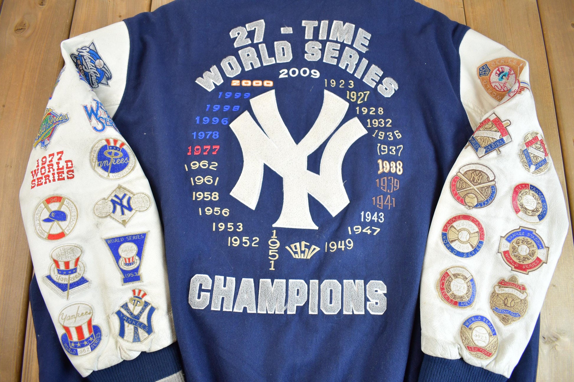 Vintage 2000s MLB New York Yankees 27 Time World Series Champion Embroidered Letterman from propervintagecanada