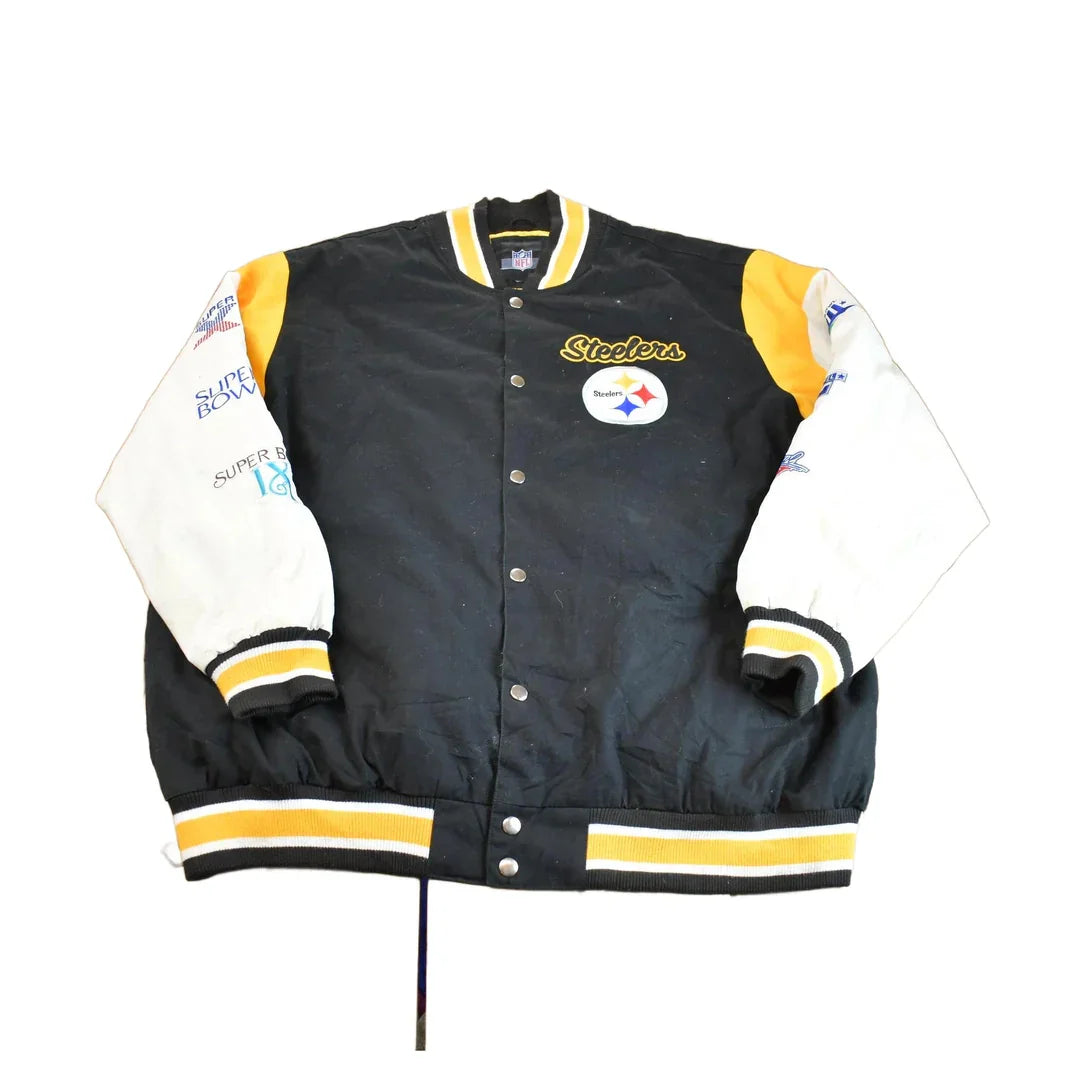 Vintage 2000s NFL Pittsburgh Steelers 6x Super Bowl Champion Embroidered Varsity Jacket Made In USA from propervintagecanada