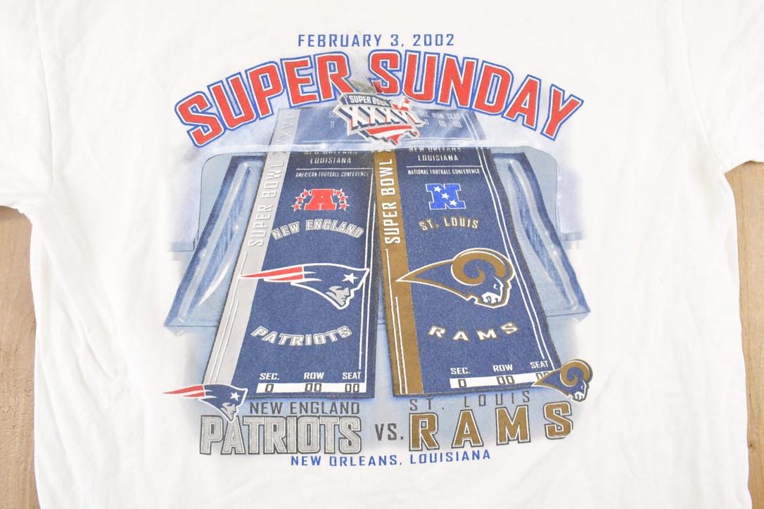 Vintage 2002 New England Patriots Super Sunday NFL T Shirt Men's L from propervintagecanada