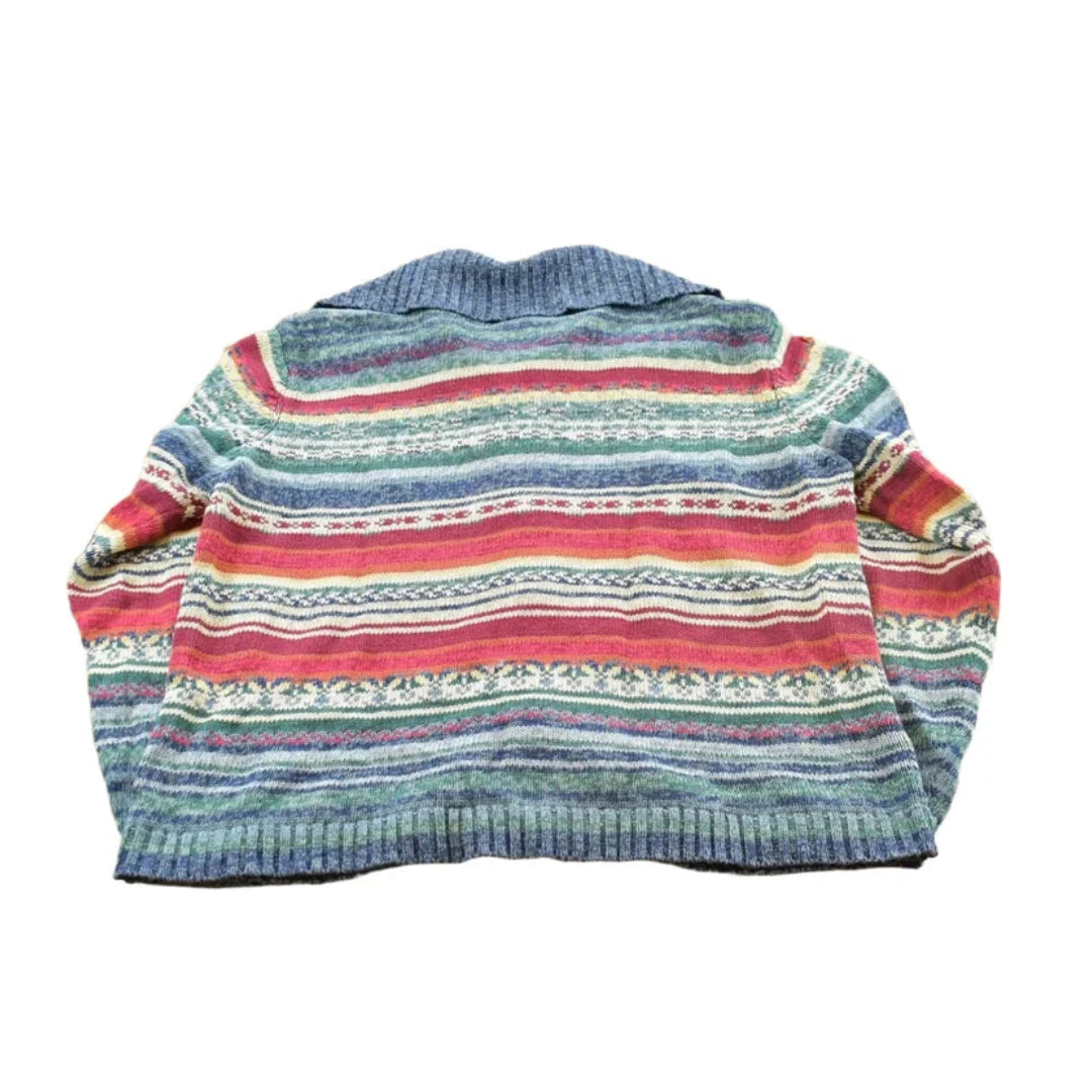 Vintage 2003 Tiara Striped Abstract Cotton Knit Full Zip Up Cardigan Sweater Women's L / 00s Streetwear / Y2K Cozy Sweatshirt from propervintagecanada