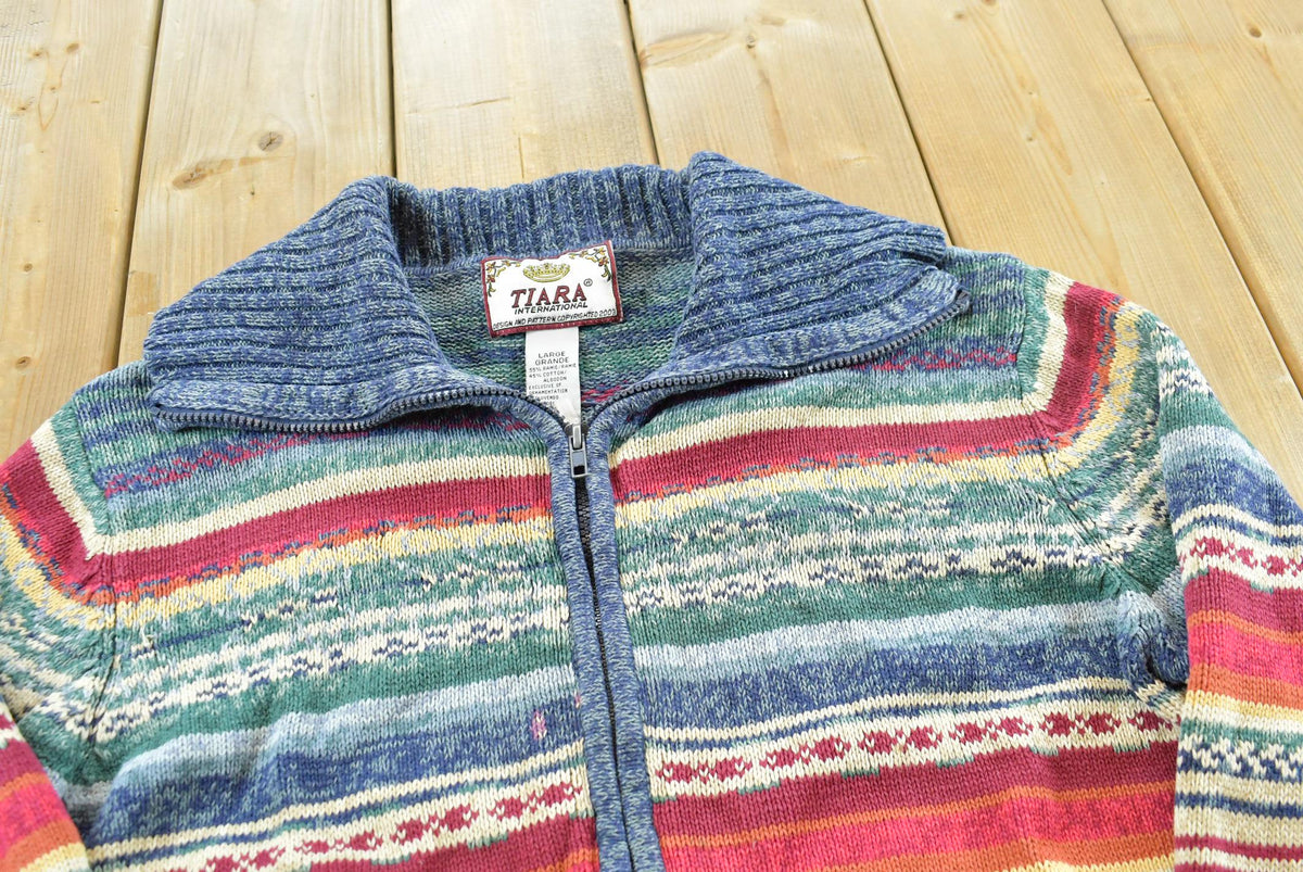 Vintage 2003 Tiara Striped Abstract Cotton Knit Full Zip Up Cardigan Sweater Women's L / 00s Streetwear / Y2K Cozy Sweatshirt from propervintagecanada